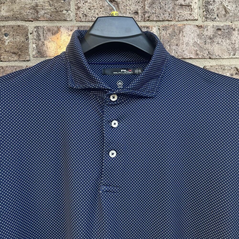 RLX RALPH LAUREN Mens Size 2XL Polo Shirt Navy Blue Polka Dot Wicking Golf